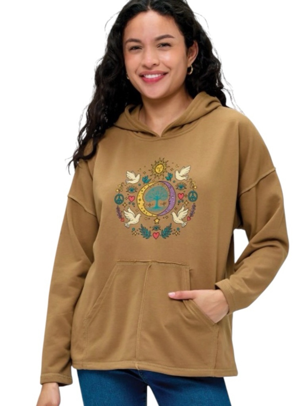 380: YAK & YETI NWT TREE OF LIFE SUN MOON HOODIE PULLOVER BROWN (YY) 25657
